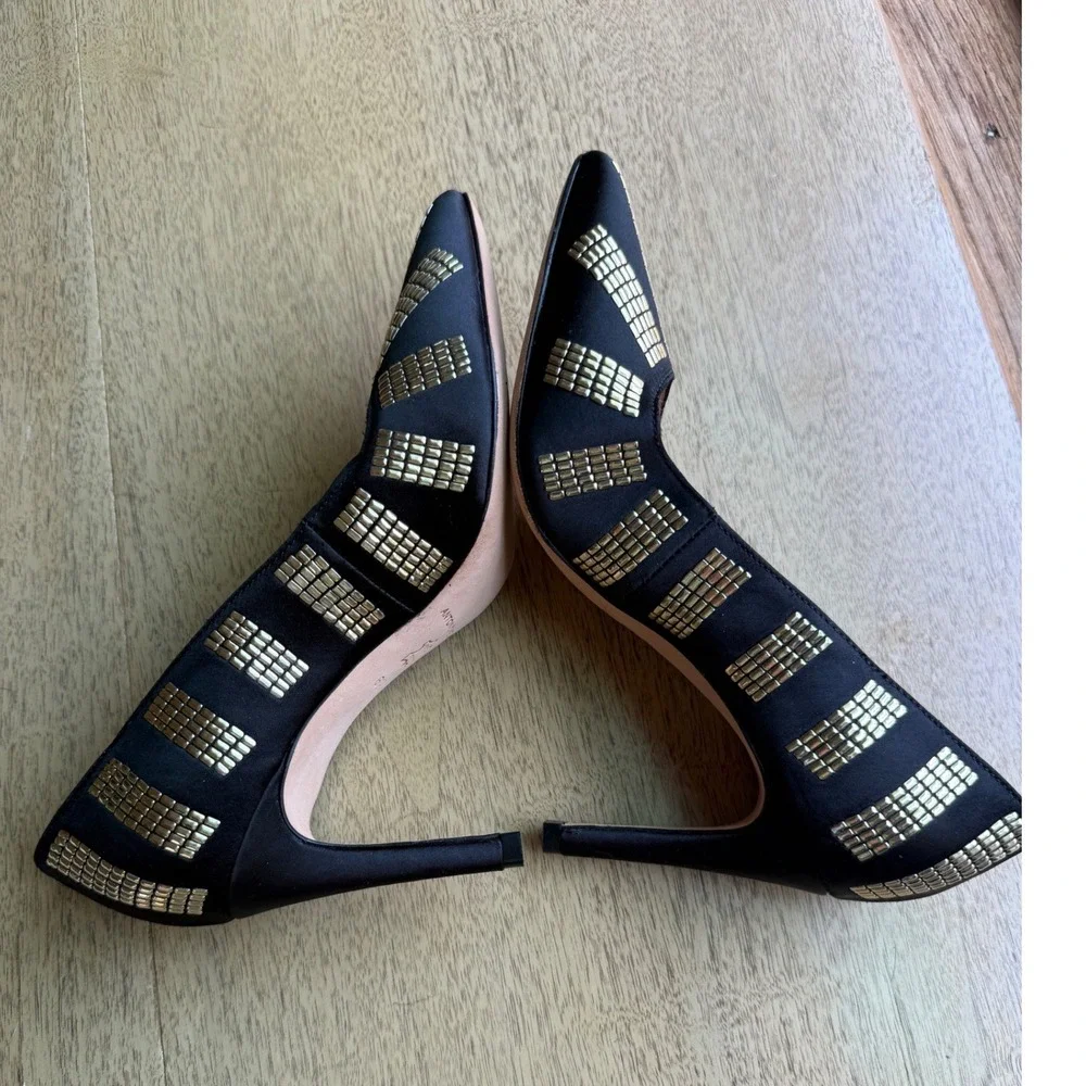Antonio Melani Womens Black Satin Gold Studded Pointed Toe Stiletto Pumps  6.5